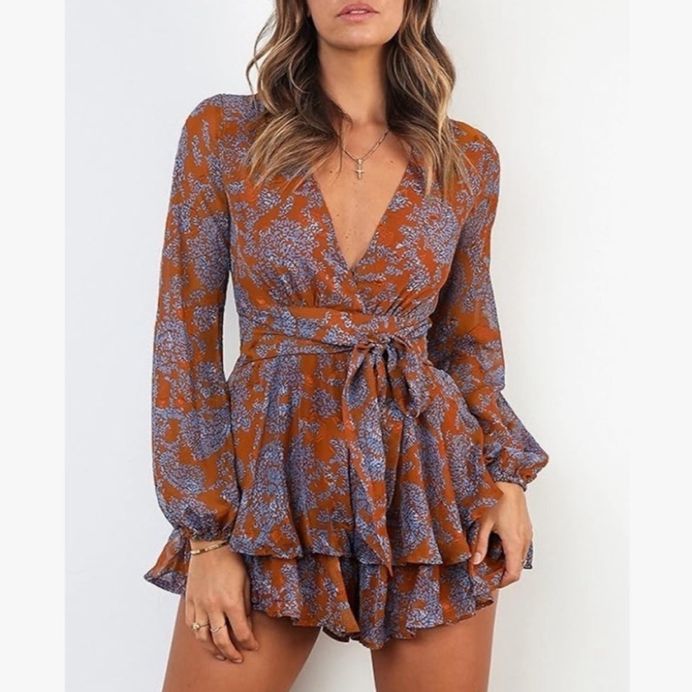 Floral Print Blue and Orange V Neck Long Sleeve Tiered Ruffle Romper - Small - Picture 4 of 10